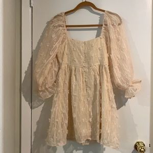 Textured Cream Dress with Puff Sleeves